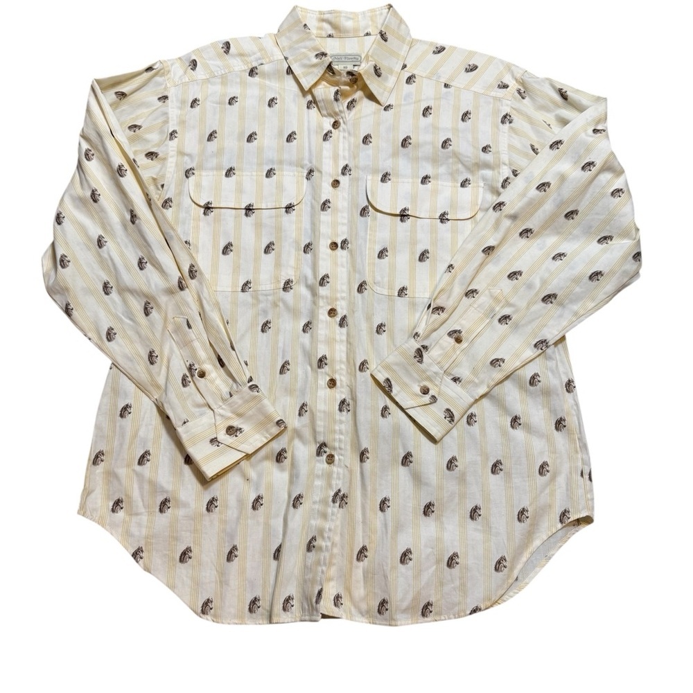 👚VTG Nell Flowers‎ Cream Striped Horse Print Button Up Shirt Size 10 ✨